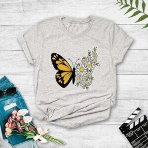 Floral Butterfly Motif Tee, Size M